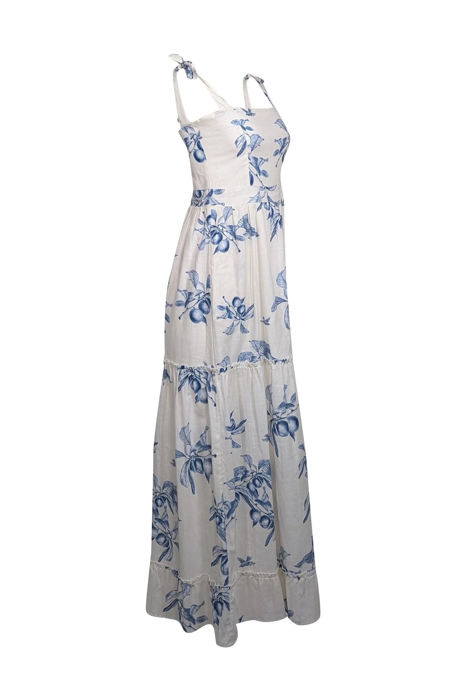 Agua Bendita for Anthropologie - White w/ Blue Fruit Toile Print Maxi Dress Sz M