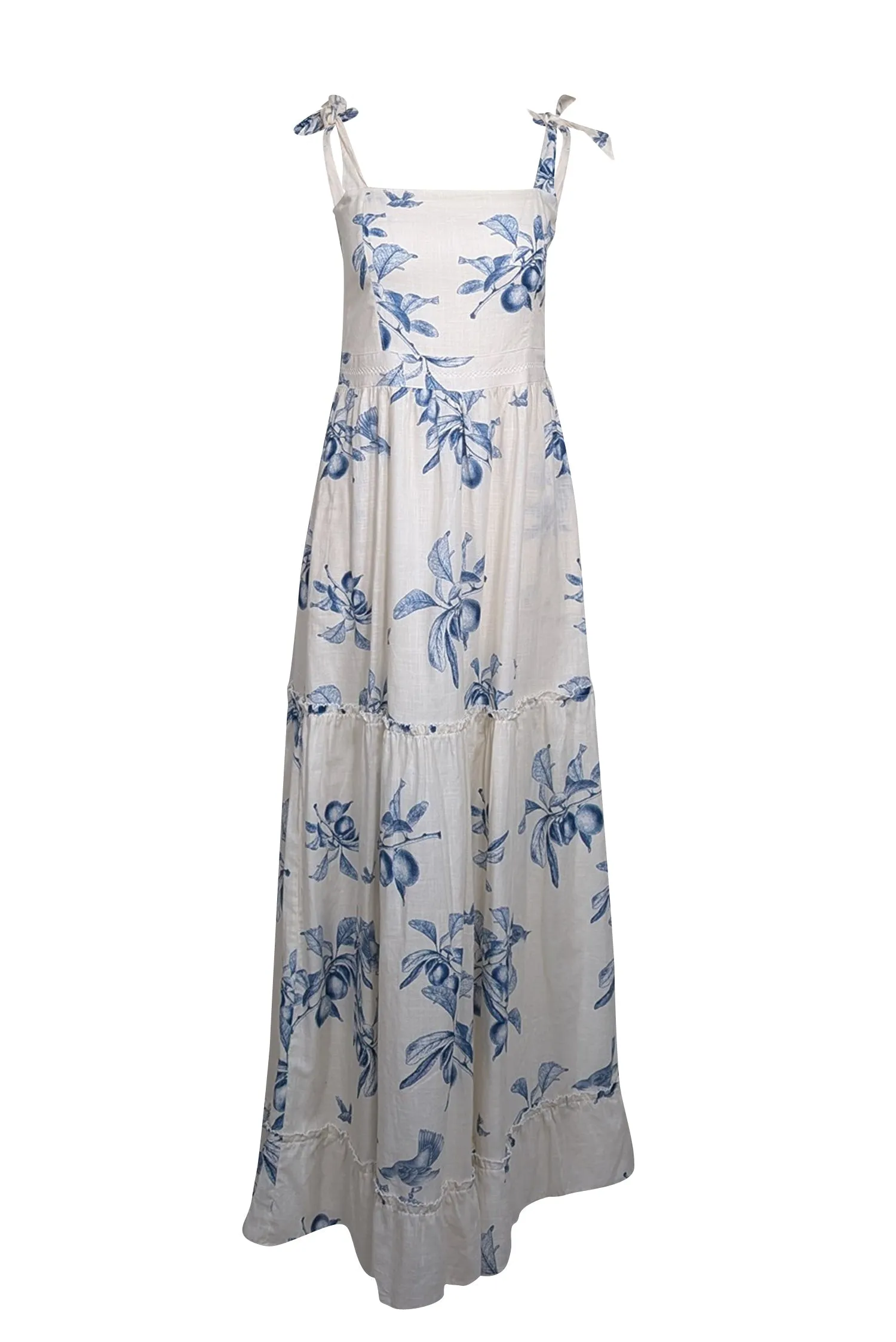 Agua Bendita for Anthropologie - White w/ Blue Fruit Toile Print Maxi Dress Sz M