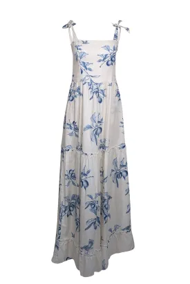 Agua Bendita for Anthropologie - White w/ Blue Fruit Toile Print Maxi Dress Sz M