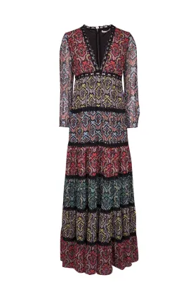 Alice & Olivia - Black w/ Multicolor Paisley Print Tiered Maxi Dress Sz 2
