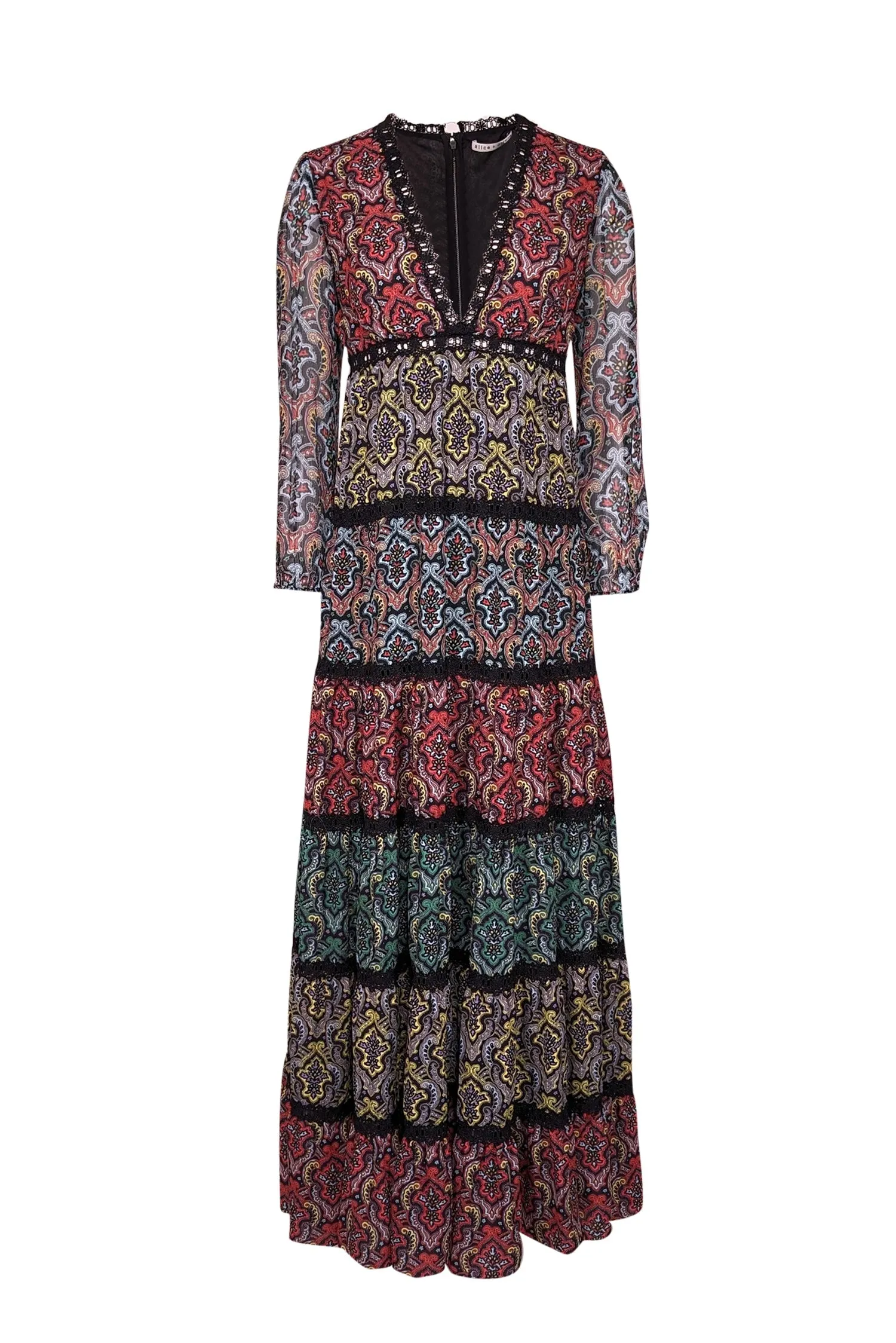 Alice & Olivia - Black w/ Multicolor Paisley Print Tiered Maxi Dress Sz 2