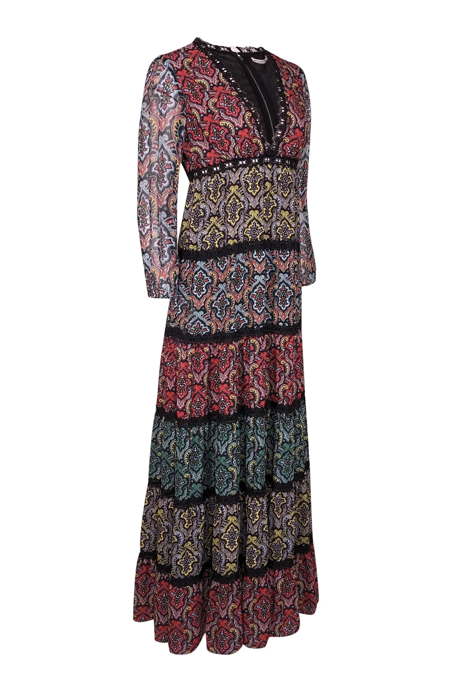 Alice & Olivia - Black w/ Multicolor Paisley Print Tiered Maxi Dress Sz 2