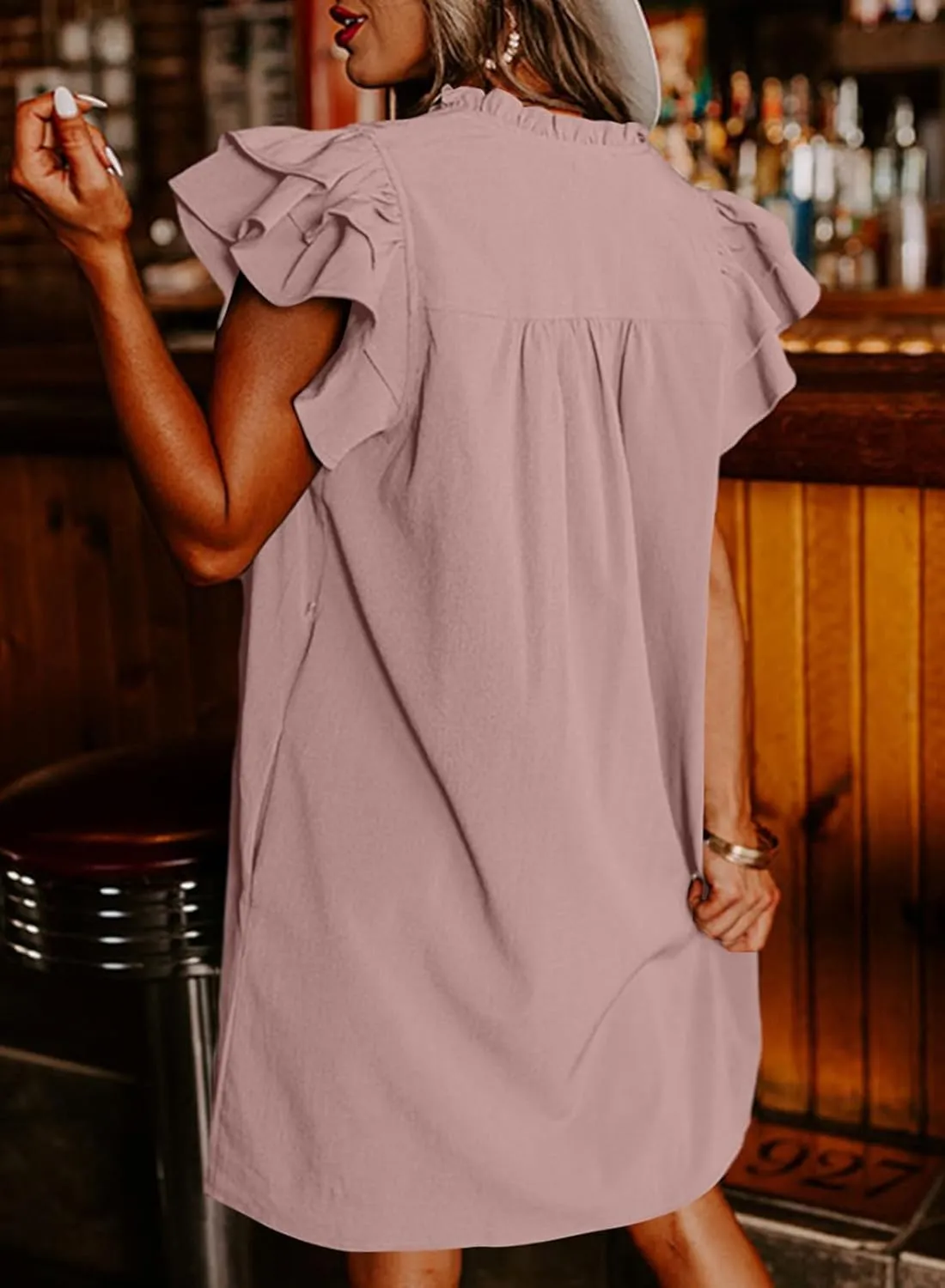 AlvaQ Womens Summer Dresses 2025 V Neck Ruffle Cap Short Sleeve Mini Dress Casual Flowy Pleated A Line Sundress with Pockets