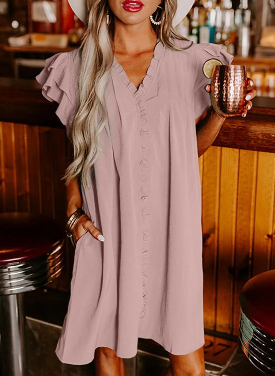 AlvaQ Womens Summer Dresses 2025 V Neck Ruffle Cap Short Sleeve Mini Dress Casual Flowy Pleated A Line Sundress with Pockets