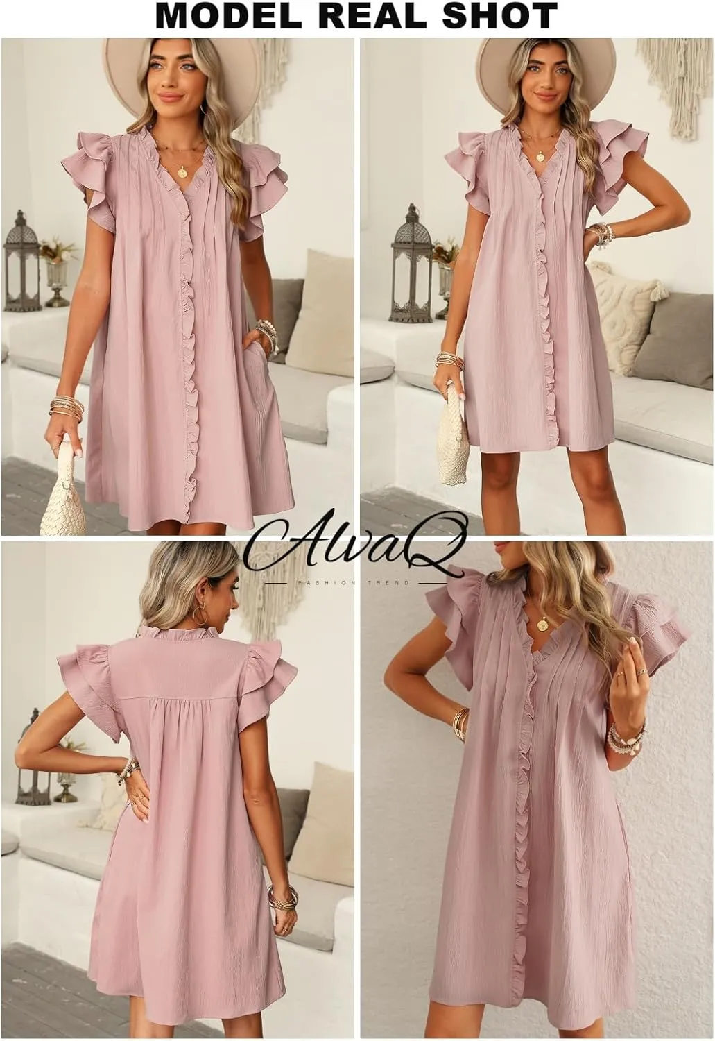 AlvaQ Womens Summer Dresses 2025 V Neck Ruffle Cap Short Sleeve Mini Dress Casual Flowy Pleated A Line Sundress with Pockets