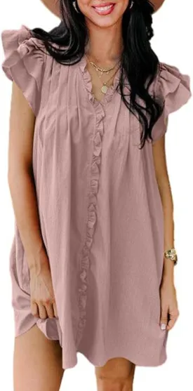 AlvaQ Womens Summer Dresses 2025 V Neck Ruffle Cap Short Sleeve Mini Dress Casual Flowy Pleated A Line Sundress with Pockets