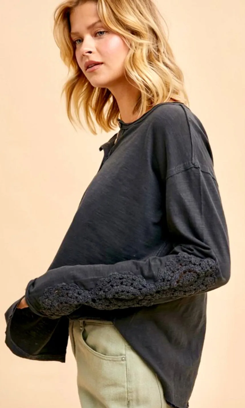 Ambry Lava Smoke Washed Cotton Crochet Cuff Knit Top