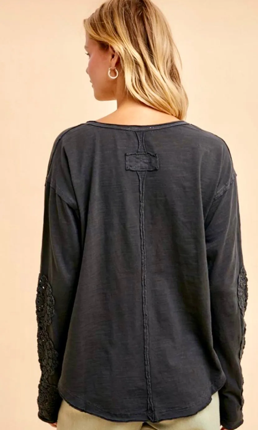 Ambry Lava Smoke Washed Cotton Crochet Cuff Knit Top