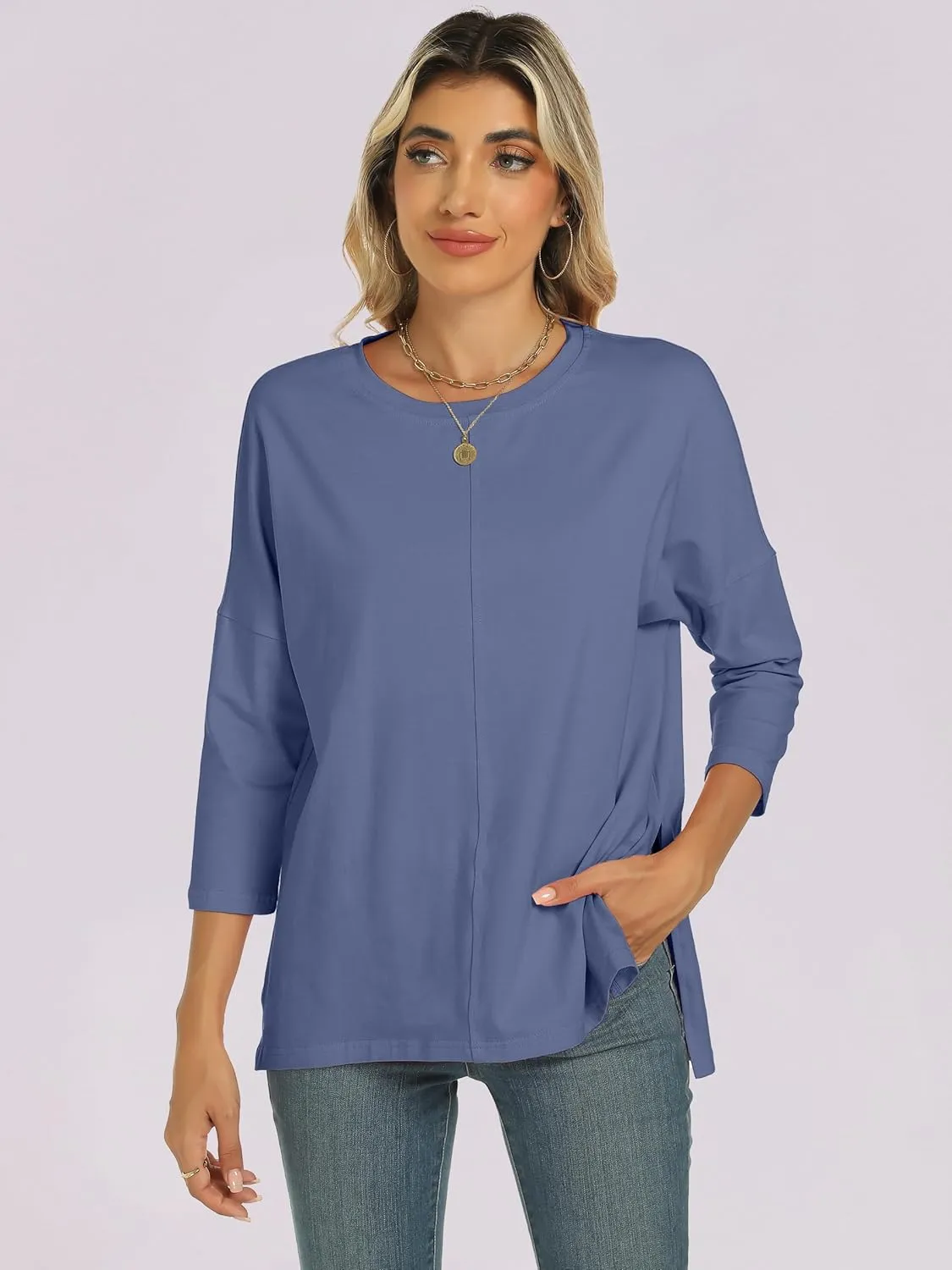 ANRABESS Womens 3/4 Length Sleeve Tops Loose Fit Tunic Shirts Oversized Spring Summer Casual Crew Neck Basic Boxy Tee