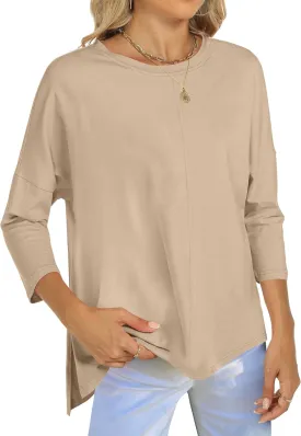 ANRABESS Womens 3/4 Length Sleeve Tops Loose Fit Tunic Shirts Oversized Spring Summer Casual Crew Neck Basic Boxy Tee