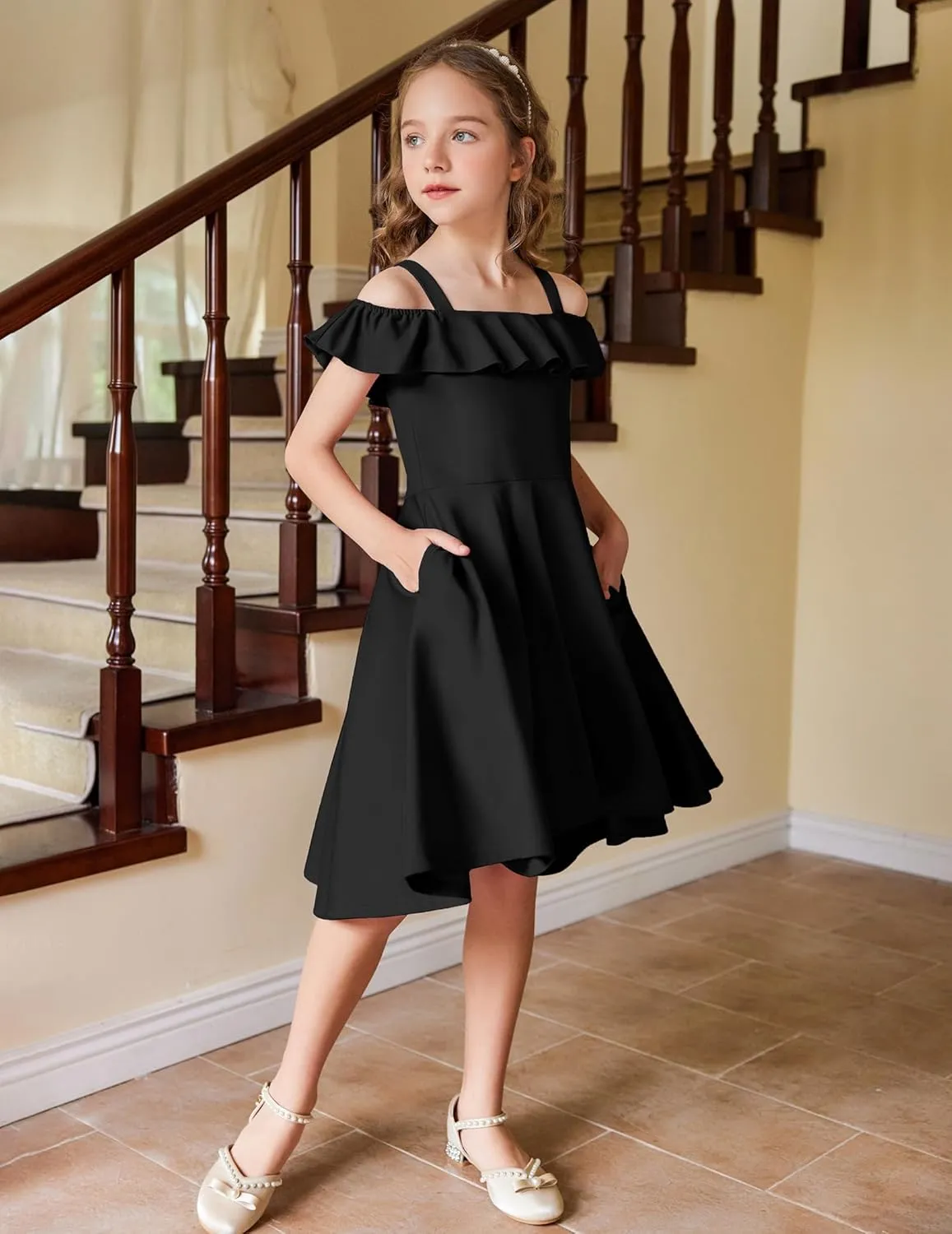 Arshiner Girls Summer Dress Off Shoulder Flutter Sleeve Midi Swing Cassual Formal Dresses with Pocket