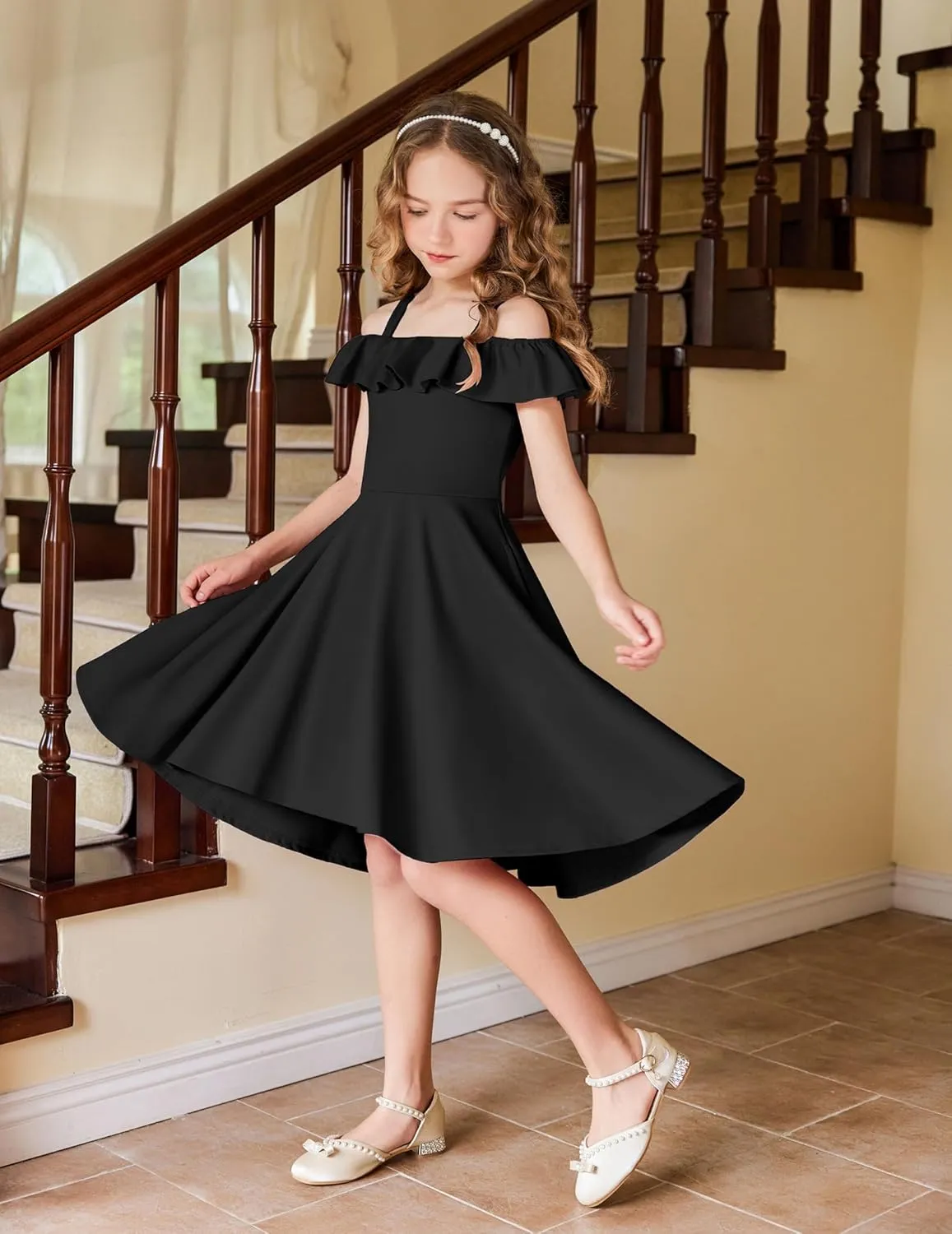 Arshiner Girls Summer Dress Off Shoulder Flutter Sleeve Midi Swing Cassual Formal Dresses with Pocket
