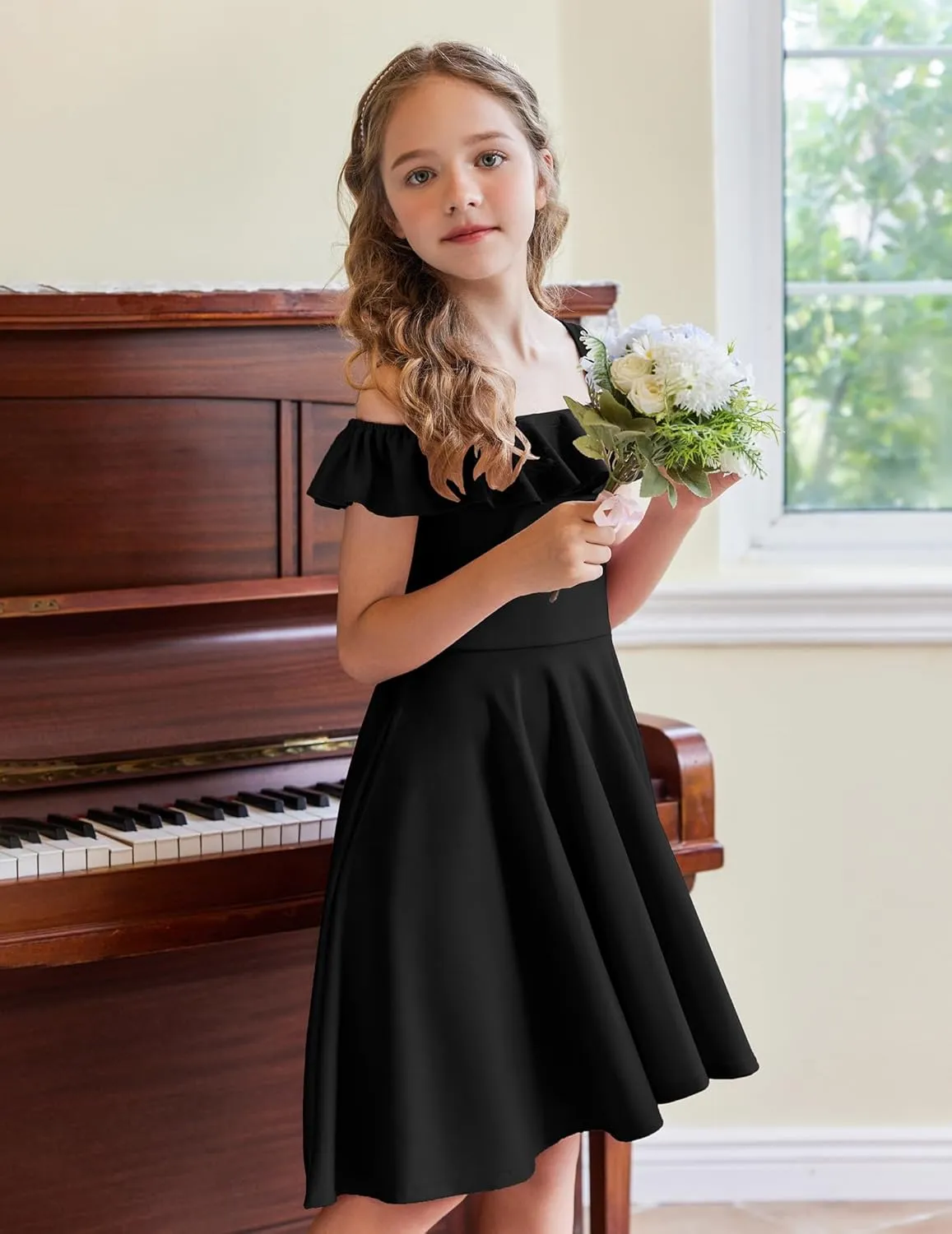 Arshiner Girls Summer Dress Off Shoulder Flutter Sleeve Midi Swing Cassual Formal Dresses with Pocket