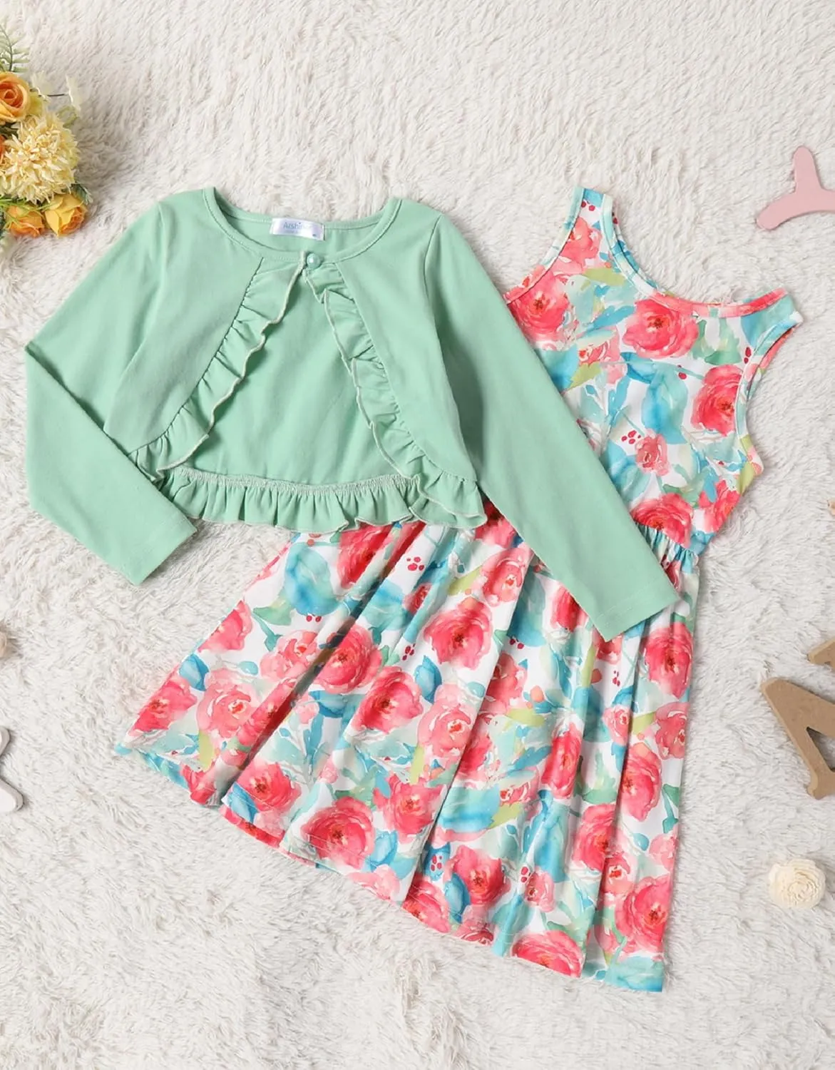 Arshiner Toddler Girl Floral Print Sundress Dress and Cardigan Sets