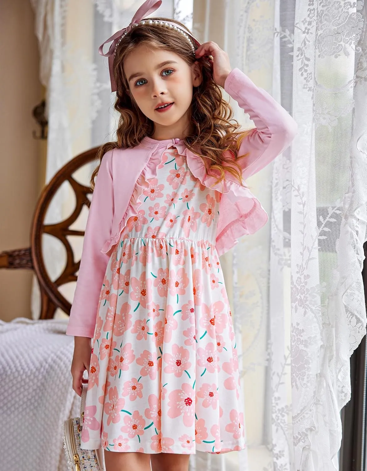 Arshiner Toddler Girl Floral Print Sundress Dress and Cardigan Sets