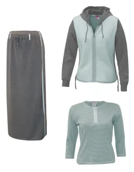Baby'O Women's Three Piece Hoodie Ankle Length Athletic Skirt Set