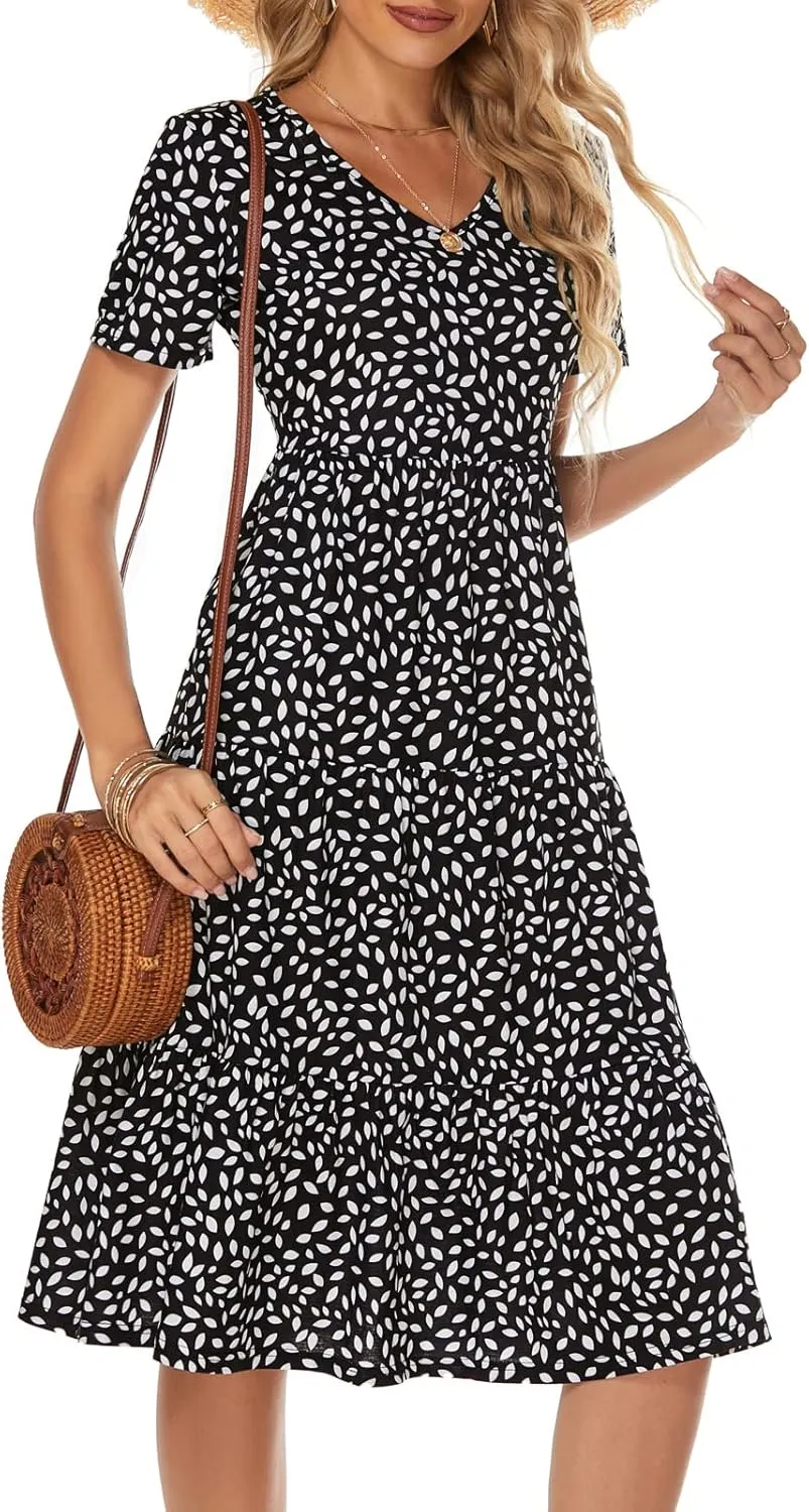 Berydress Women's Casual Summer Tiered Midi Dress 2025 Short Sleeve V-Neck Loose Cotton Ruffle Babydoll Dress Boho Sundress