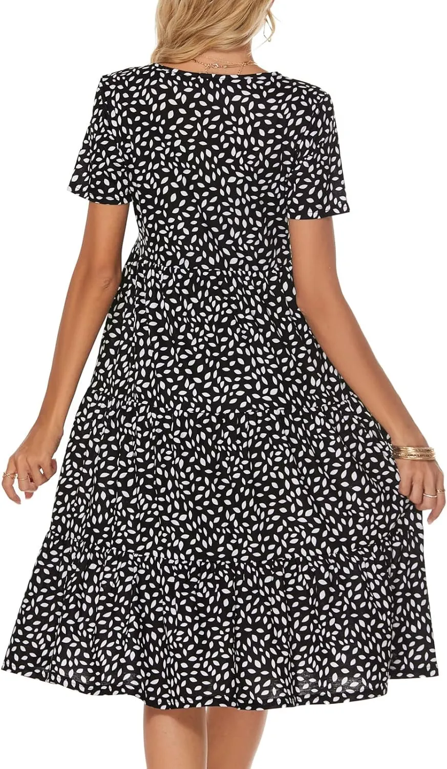 Berydress Women's Casual Summer Tiered Midi Dress 2025 Short Sleeve V-Neck Loose Cotton Ruffle Babydoll Dress Boho Sundress