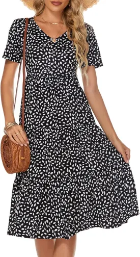 Berydress Women's Casual Summer Tiered Midi Dress 2025 Short Sleeve V-Neck Loose Cotton Ruffle Babydoll Dress Boho Sundress