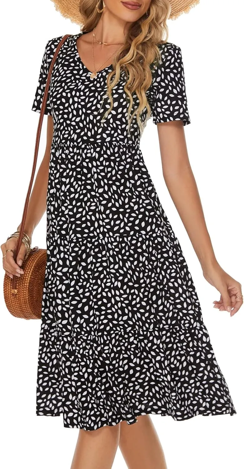 Berydress Women's Casual Summer Tiered Midi Dress 2025 Short Sleeve V-Neck Loose Cotton Ruffle Babydoll Dress Boho Sundress