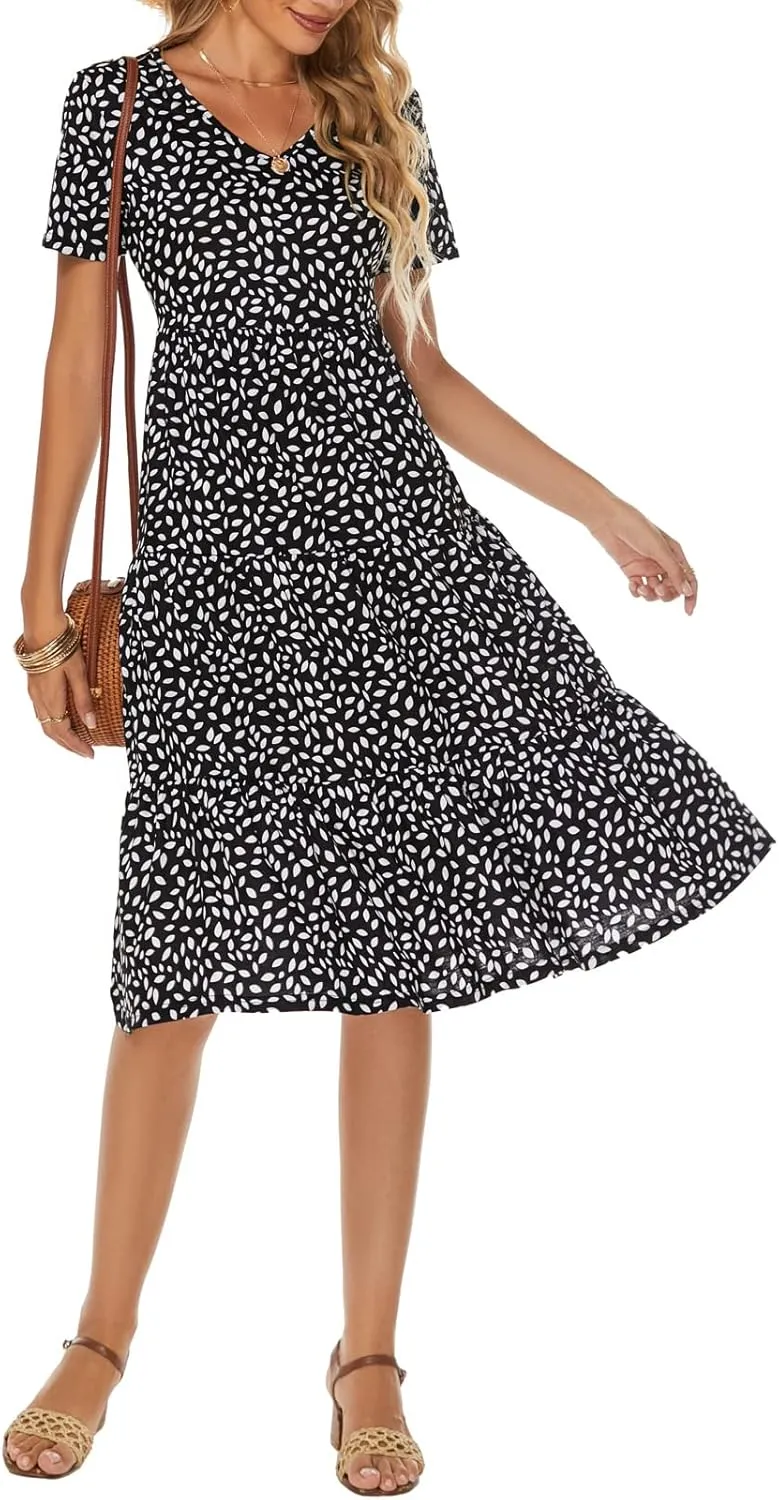 Berydress Women's Casual Summer Tiered Midi Dress 2025 Short Sleeve V-Neck Loose Cotton Ruffle Babydoll Dress Boho Sundress