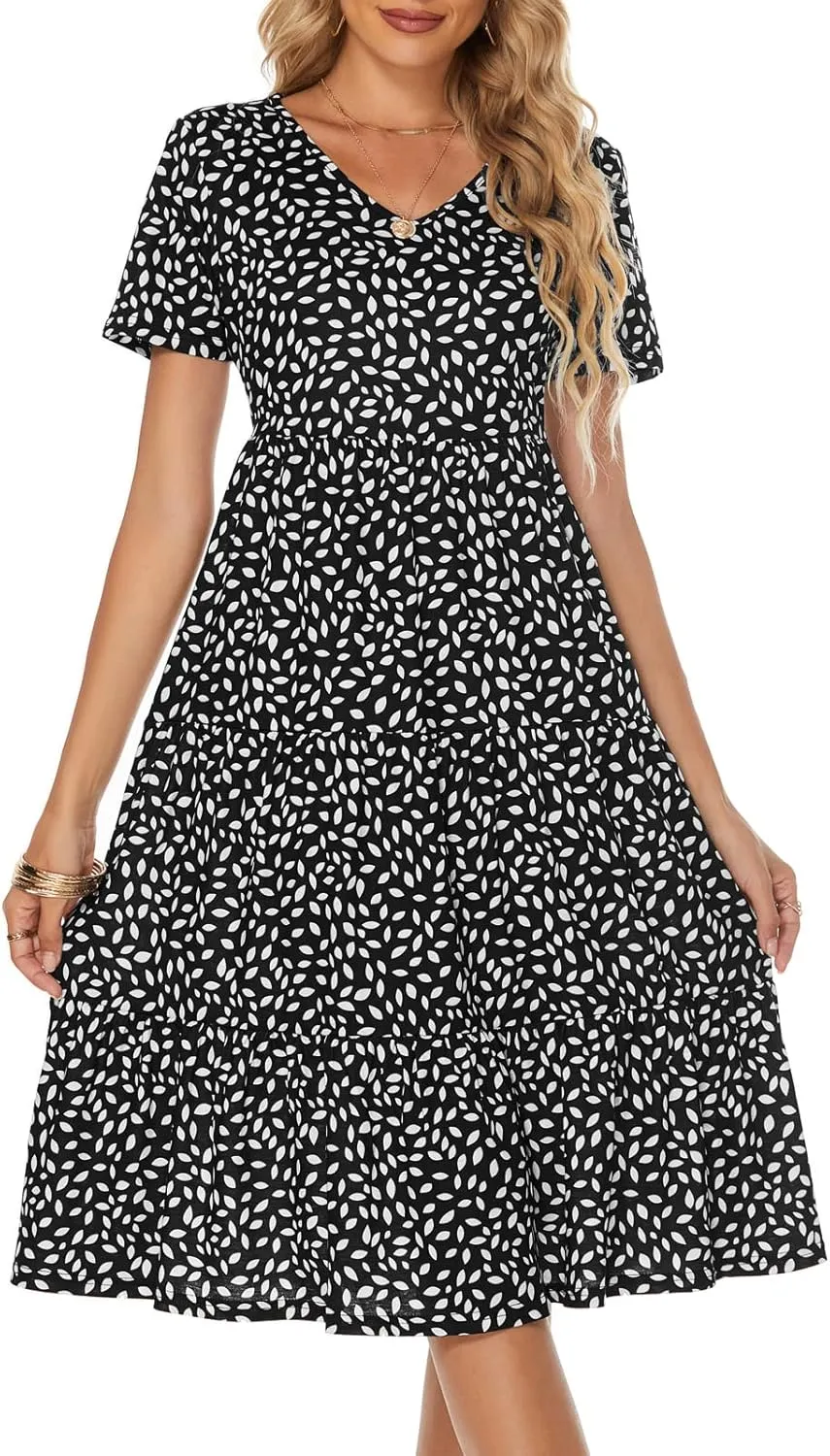 Berydress Women's Casual Summer Tiered Midi Dress 2025 Short Sleeve V-Neck Loose Cotton Ruffle Babydoll Dress Boho Sundress
