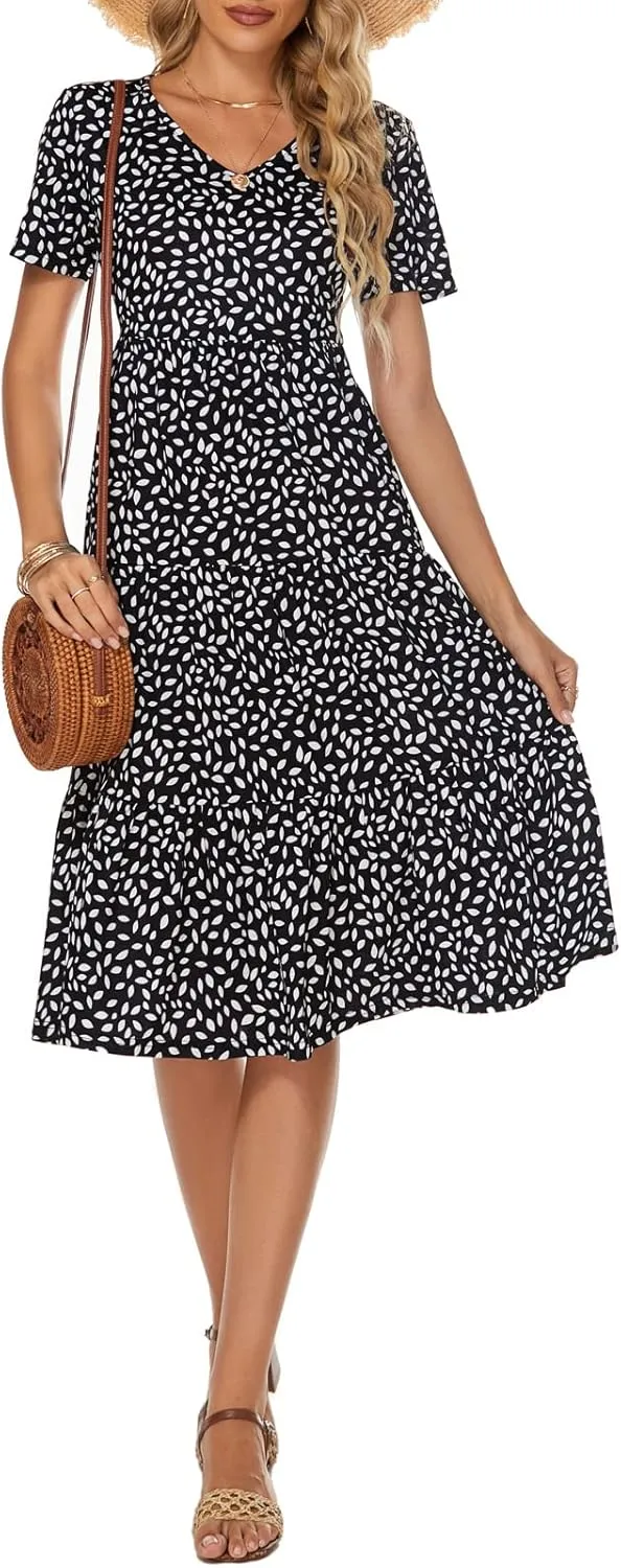 Berydress Women's Casual Summer Tiered Midi Dress 2025 Short Sleeve V-Neck Loose Cotton Ruffle Babydoll Dress Boho Sundress