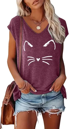 BLACKOO Women's Cat Face Graphic V-Neck T-Shirt Cap Sleeve Tops