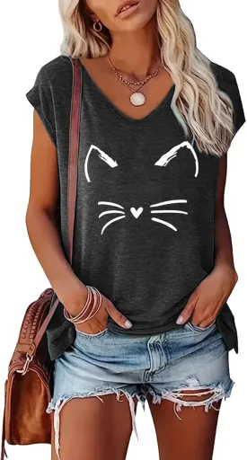 BLACKOO Women's Cat Face Graphic V-Neck T-Shirt Cap Sleeve Tops