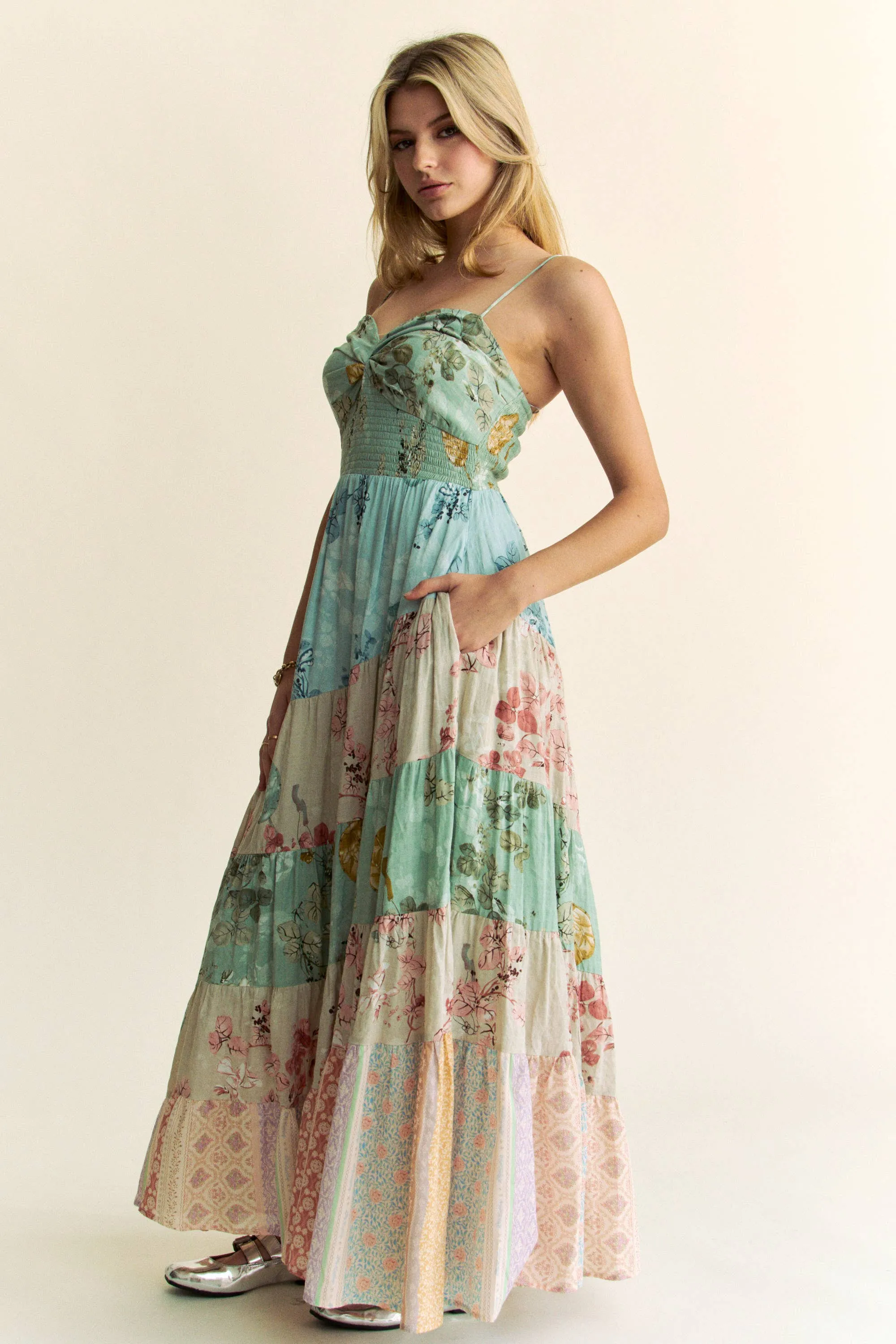 BOHO FLORAL MIX MATCHED TIERED MAXI DRESS