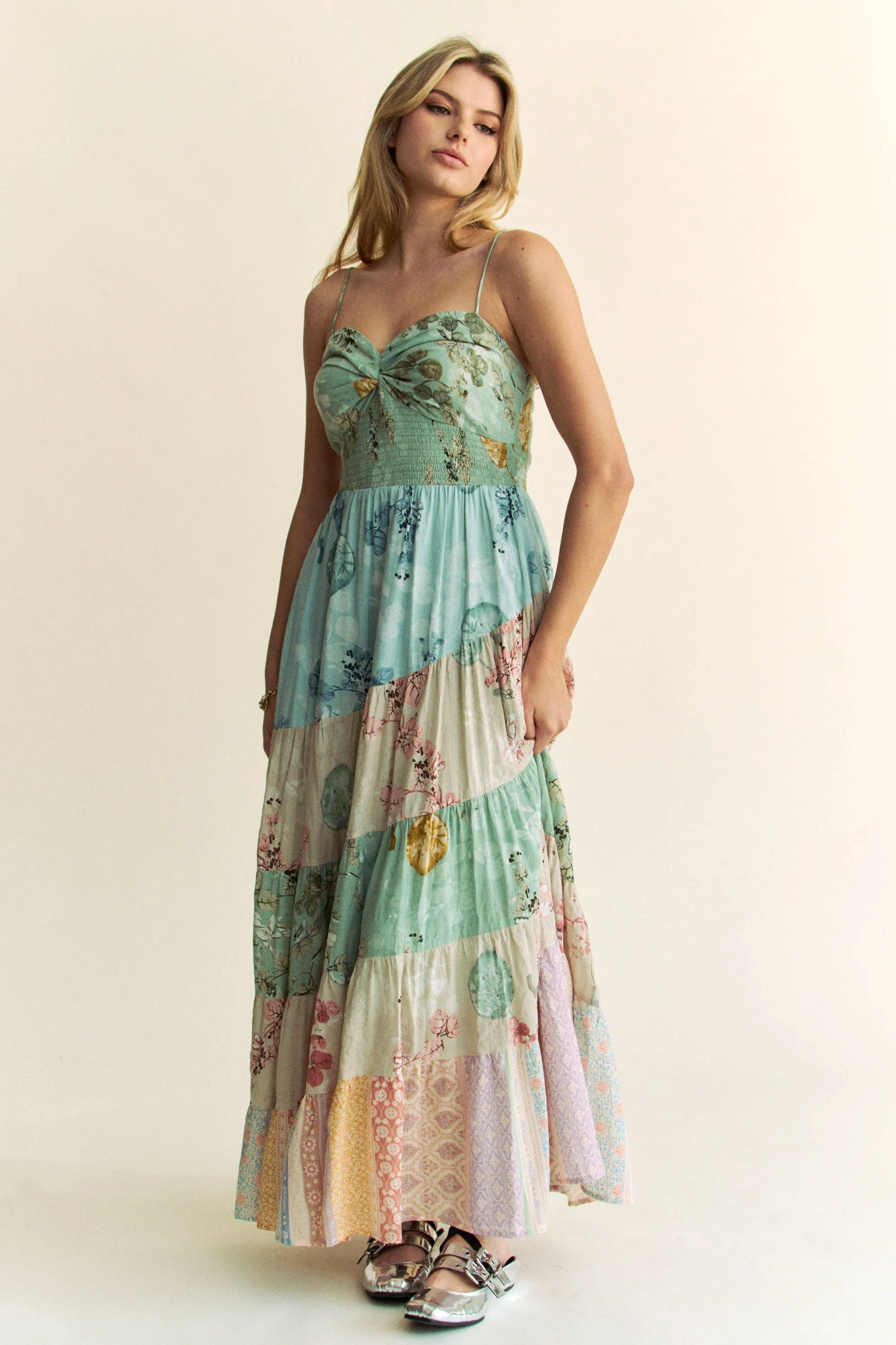 BOHO FLORAL MIX MATCHED TIERED MAXI DRESS