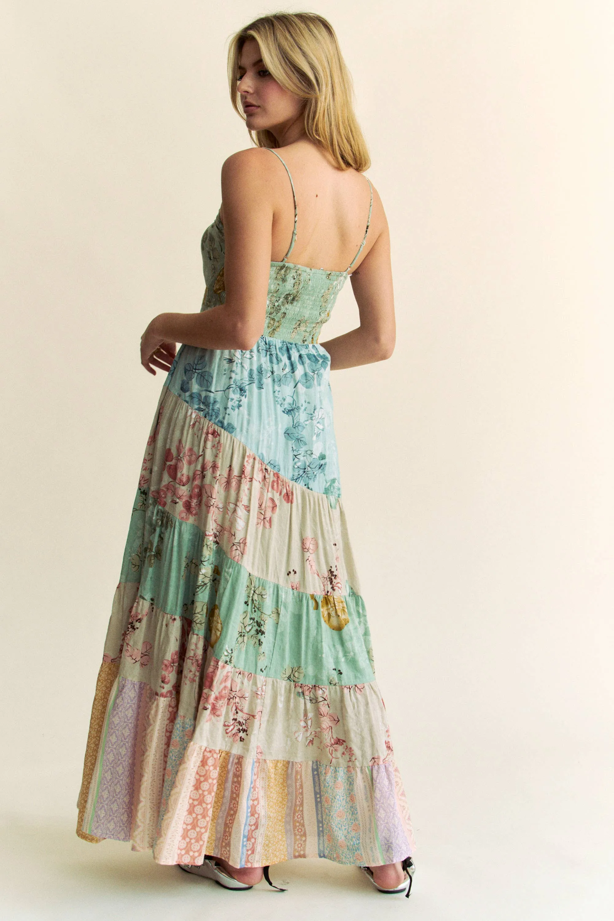 BOHO FLORAL MIX MATCHED TIERED MAXI DRESS