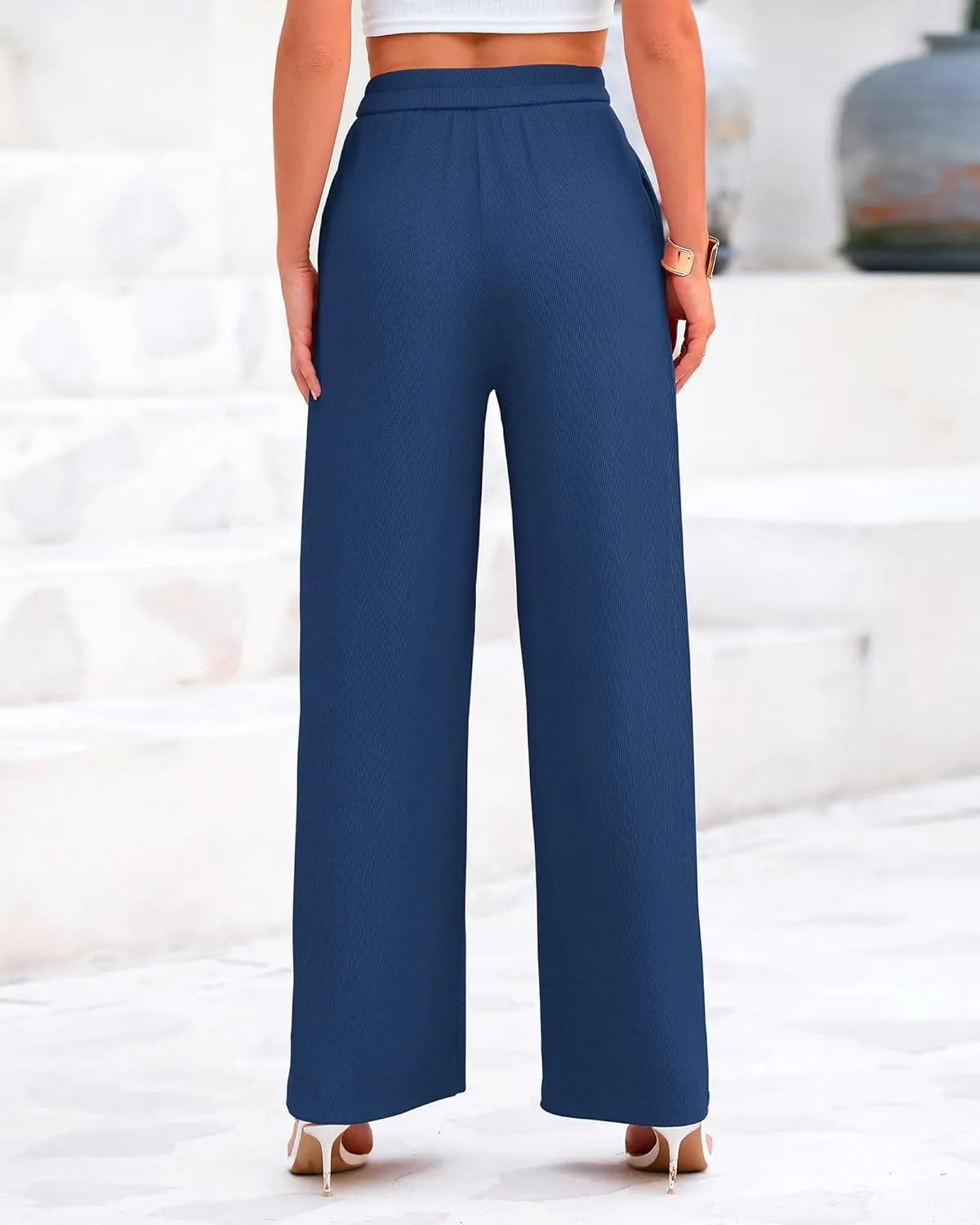 BTFBM Womens Casual Wide Leg Pants Summer Fall Clothes Pleated Elastic Waist Loose Palazzo Knit Trousers with Pockets