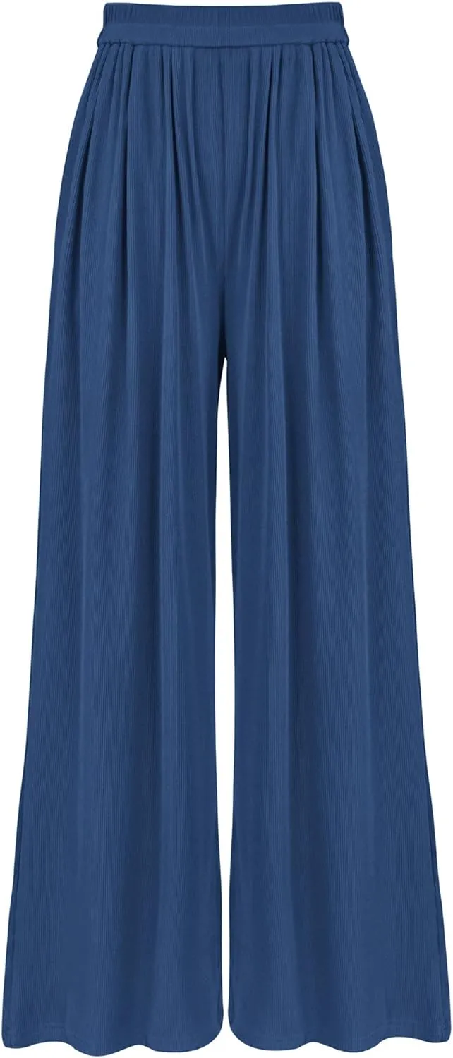 BTFBM Womens Casual Wide Leg Pants Summer Fall Clothes Pleated Elastic Waist Loose Palazzo Knit Trousers with Pockets