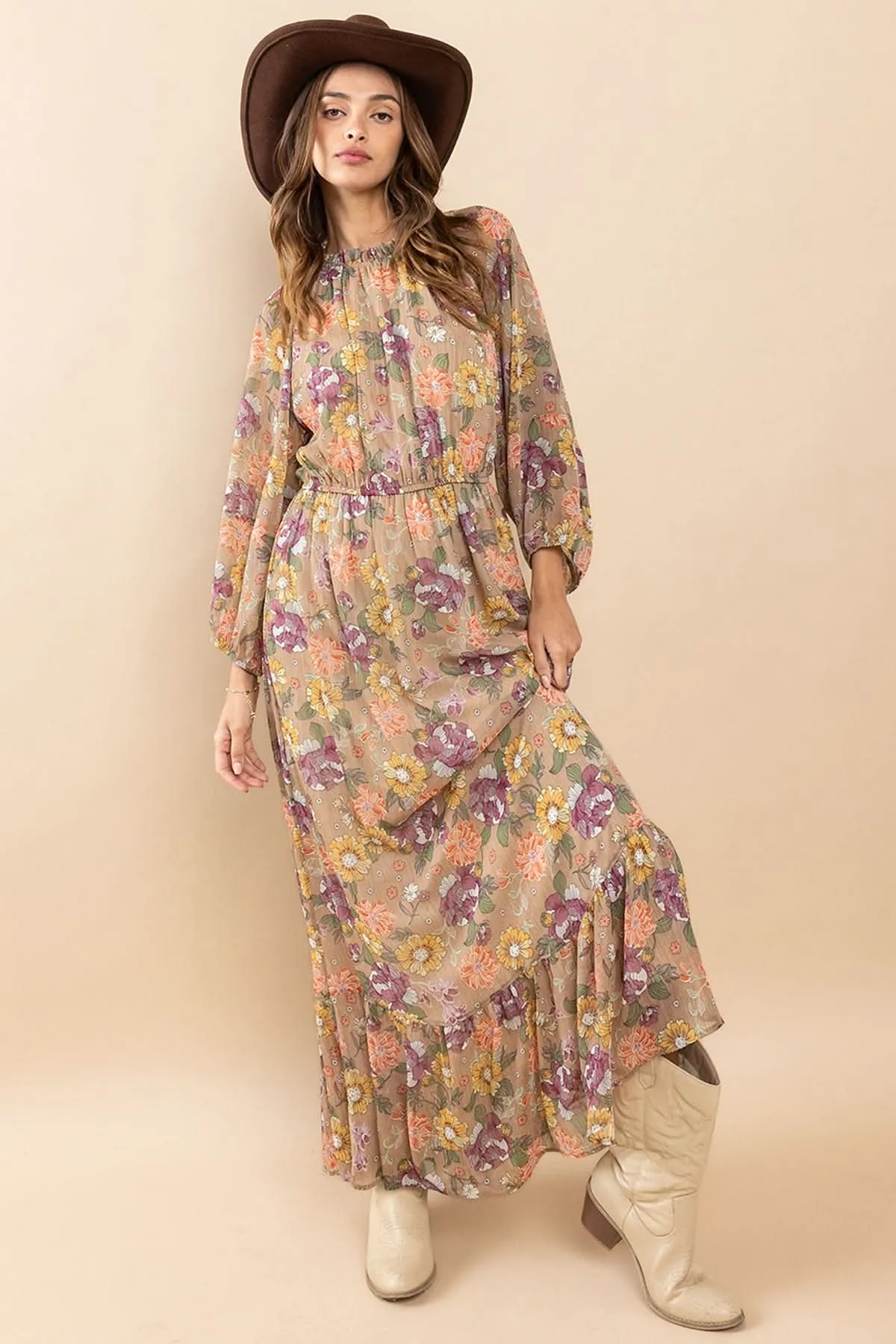 Chic Essence Mock Neck Long Sleeve Floral Maxi Dress
