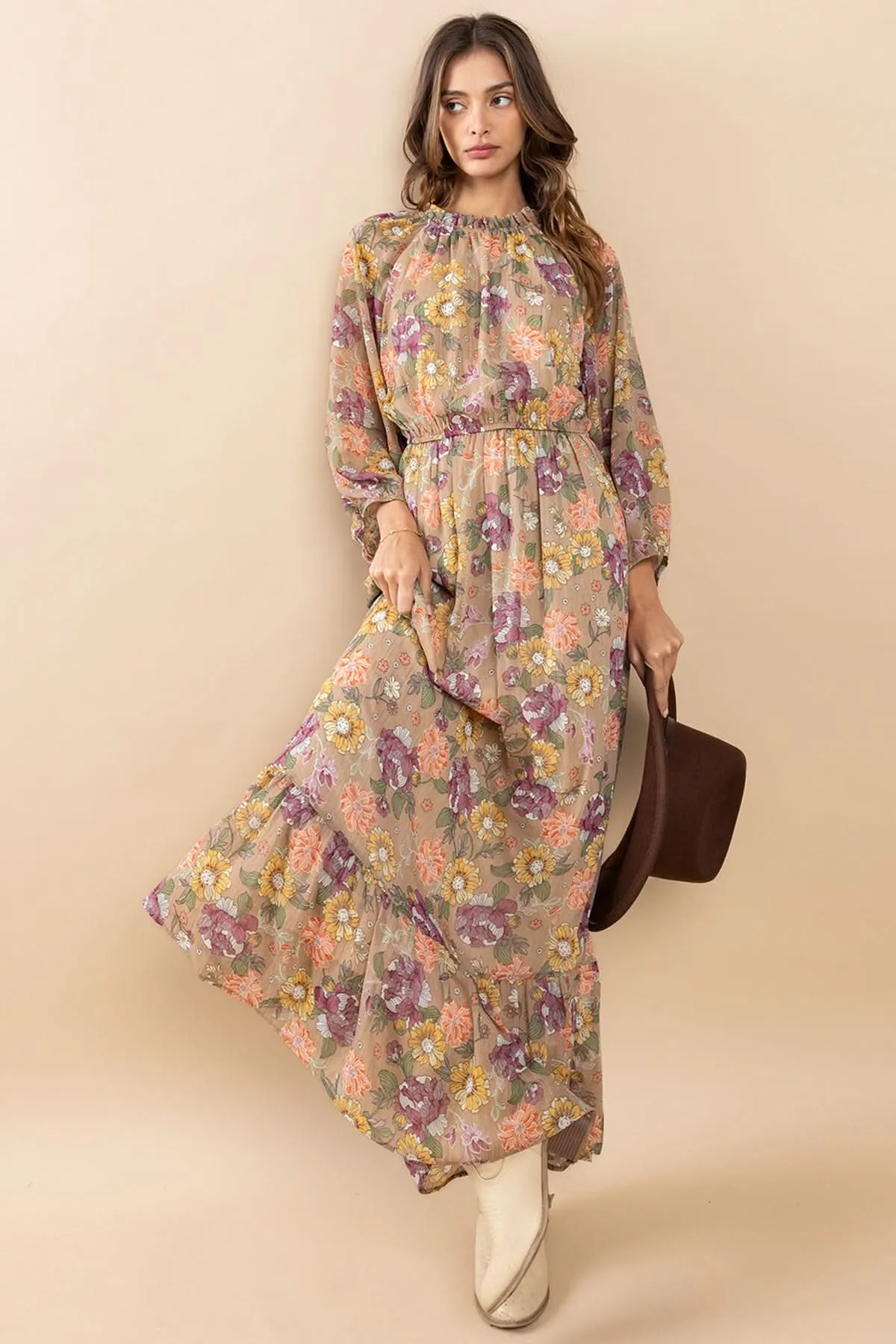 Chic Essence Mock Neck Long Sleeve Floral Maxi Dress