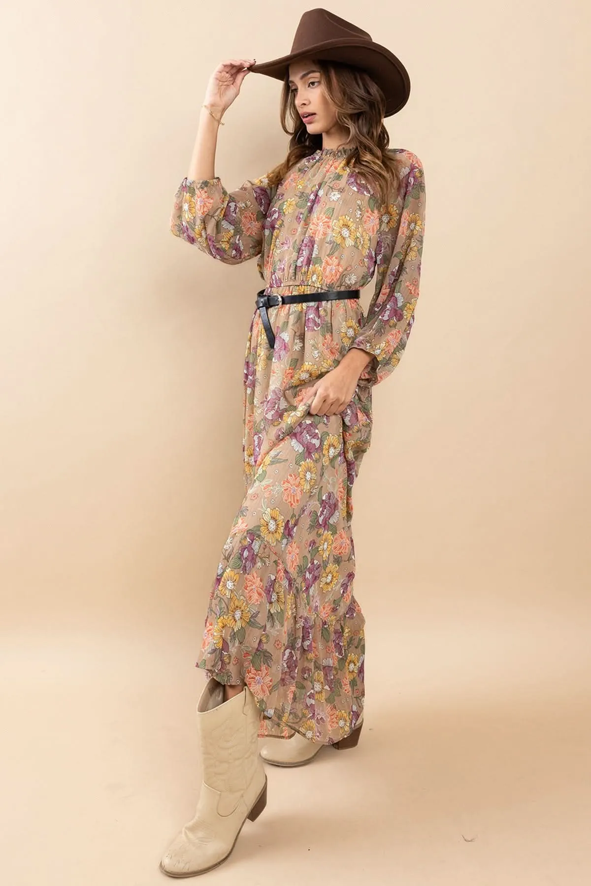 Chic Essence Mock Neck Long Sleeve Floral Maxi Dress