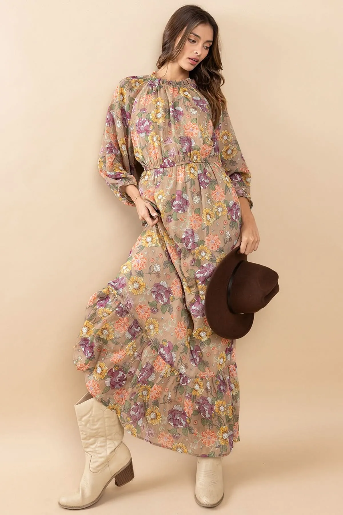 Chic Essence Mock Neck Long Sleeve Floral Maxi Dress