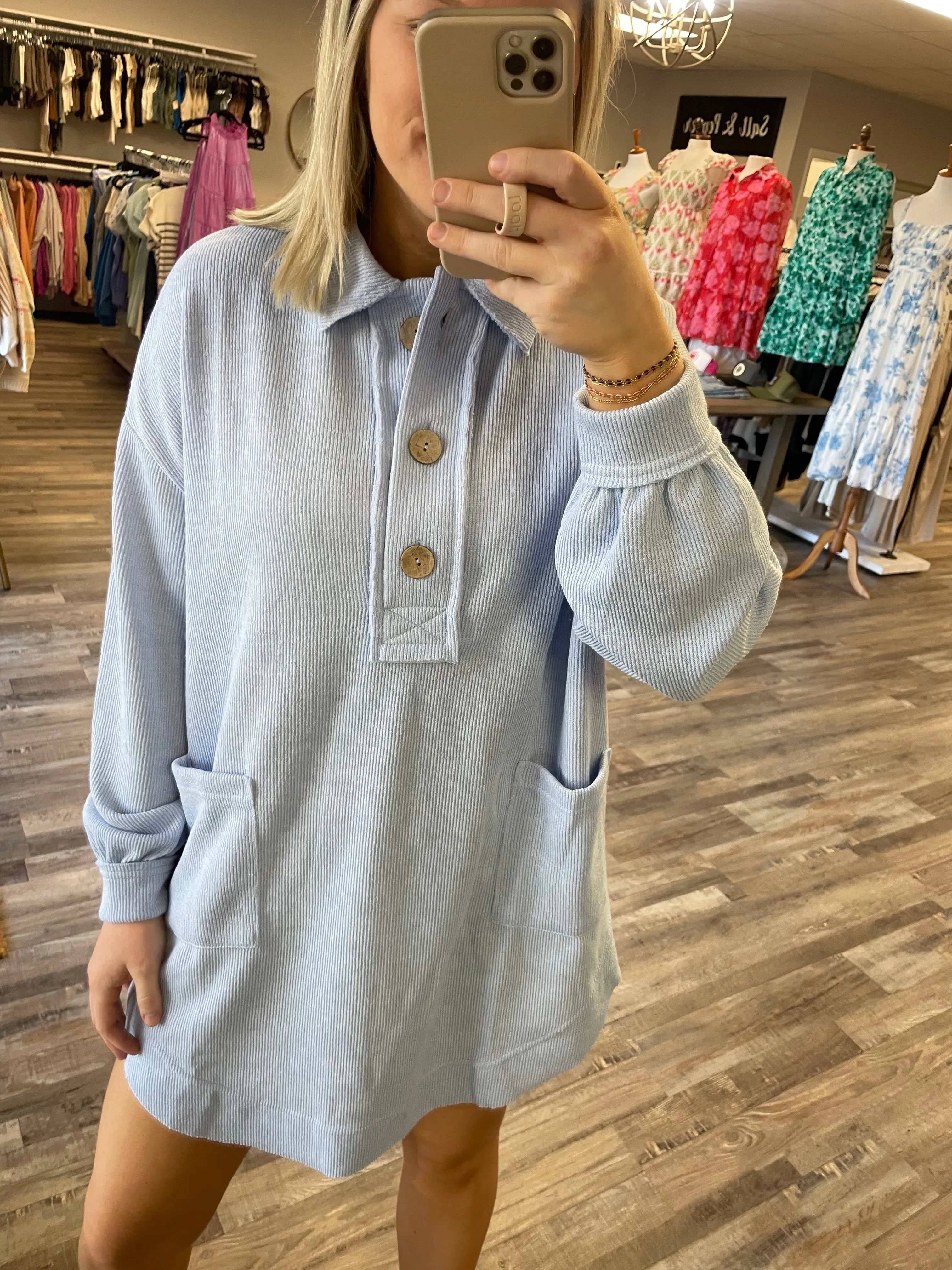 Collared Sweatshirt Dress - Light Blue