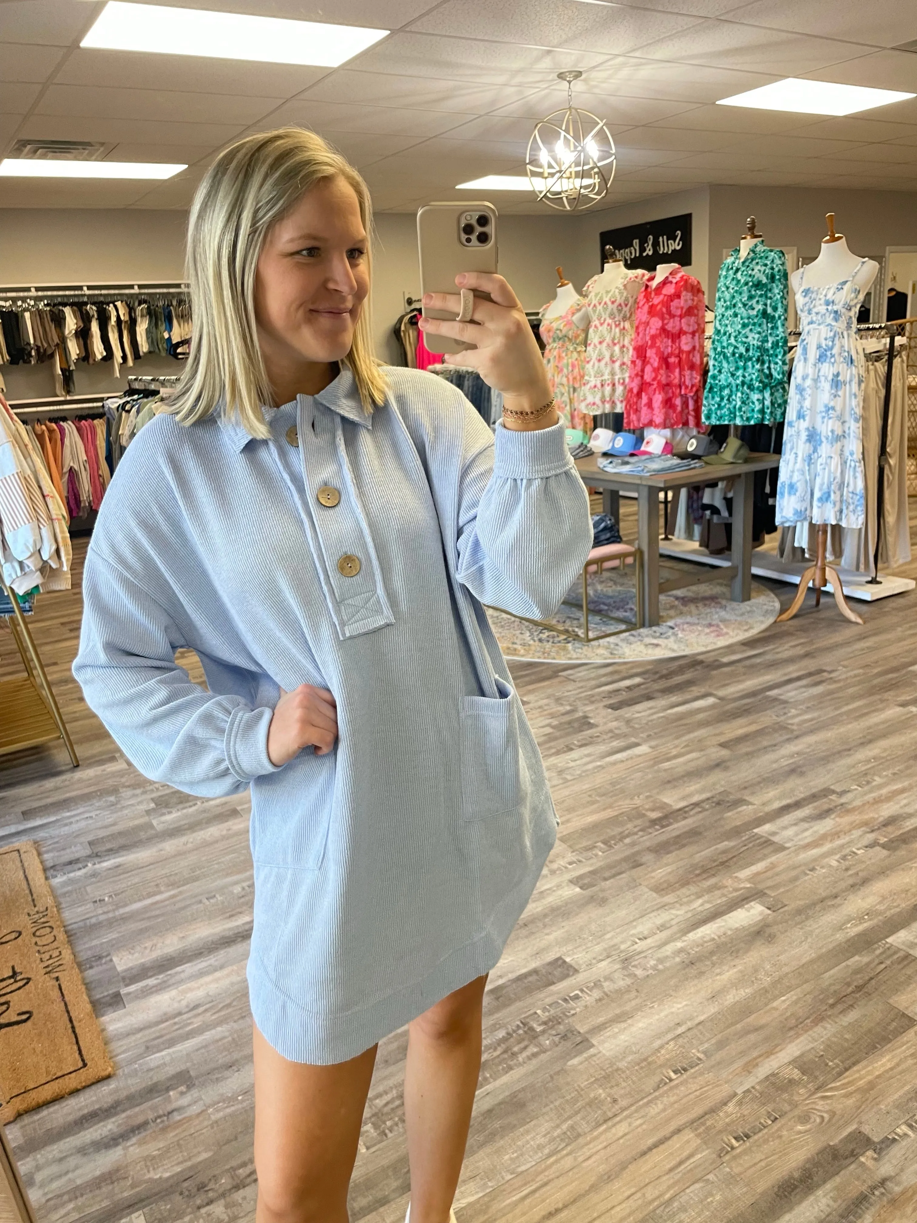 Collared Sweatshirt Dress - Light Blue