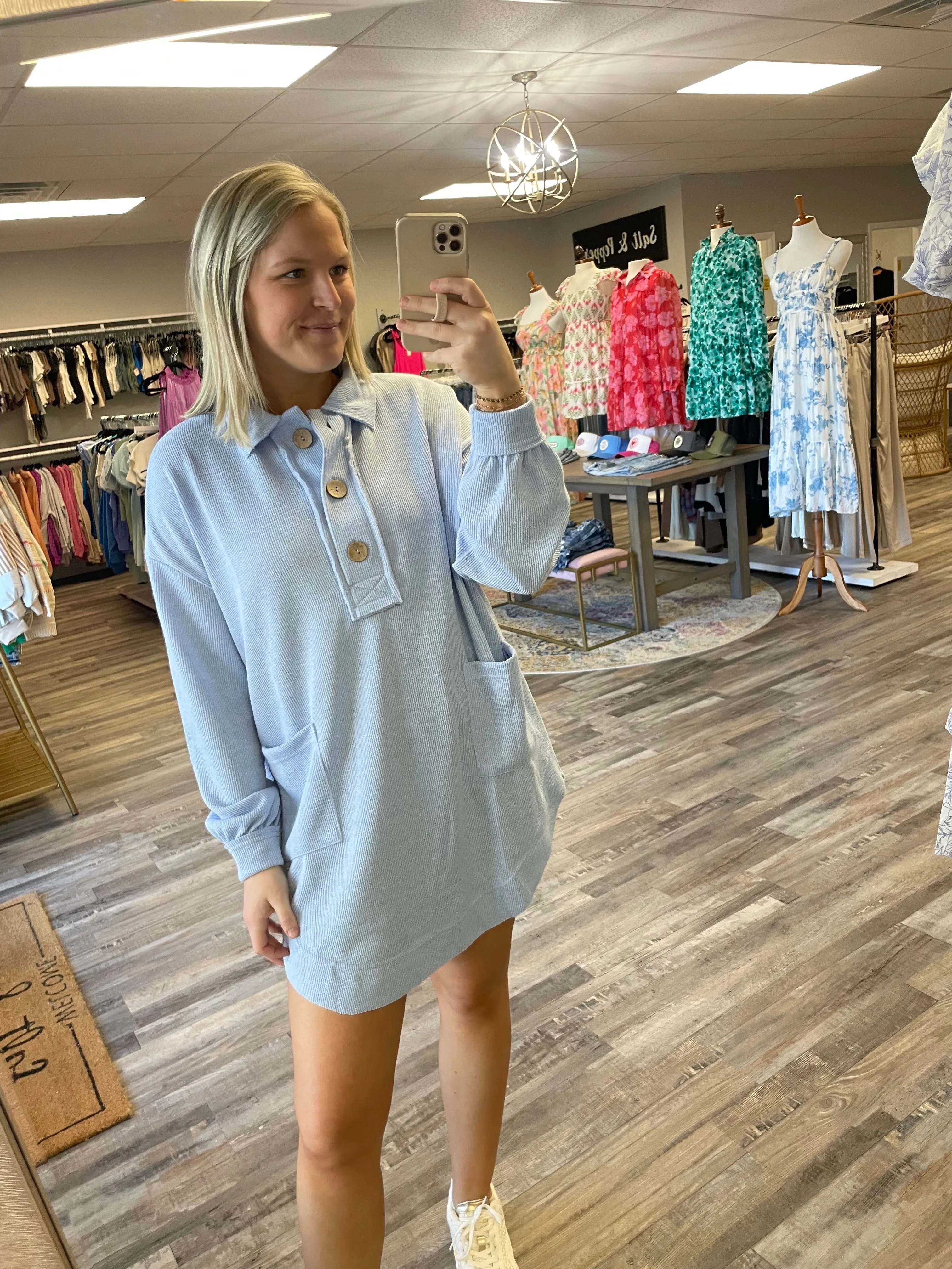 Collared Sweatshirt Dress - Light Blue