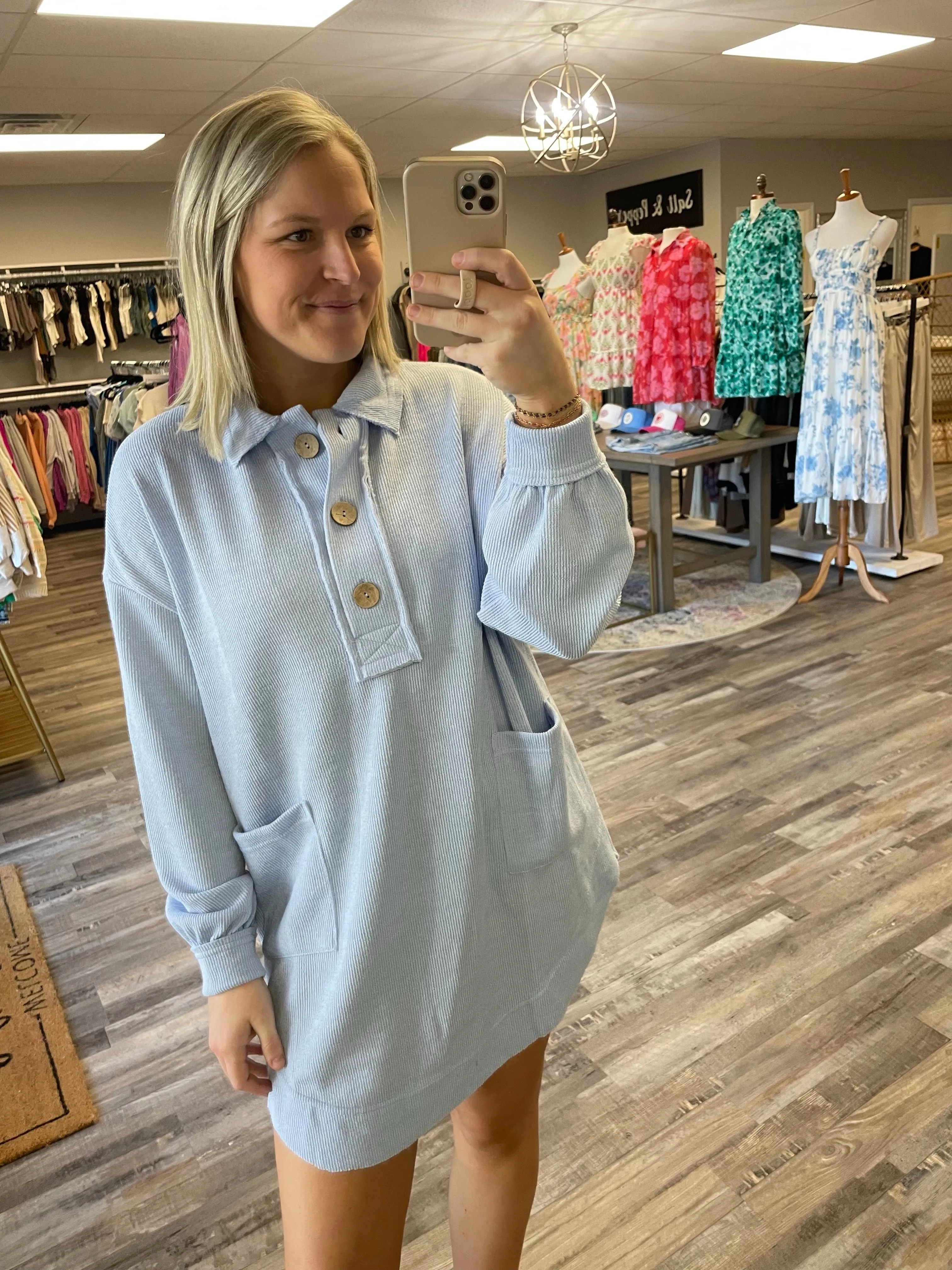 Collared Sweatshirt Dress - Light Blue