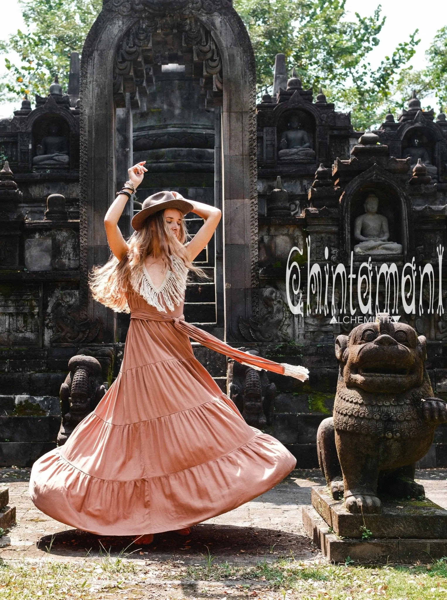 Cotton Maxi Tiered Dress with Fringes / Dusty Pink