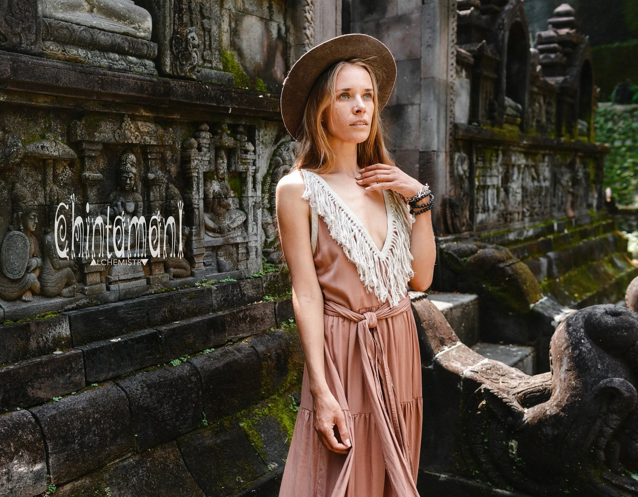 Cotton Maxi Tiered Dress with Fringes / Dusty Pink