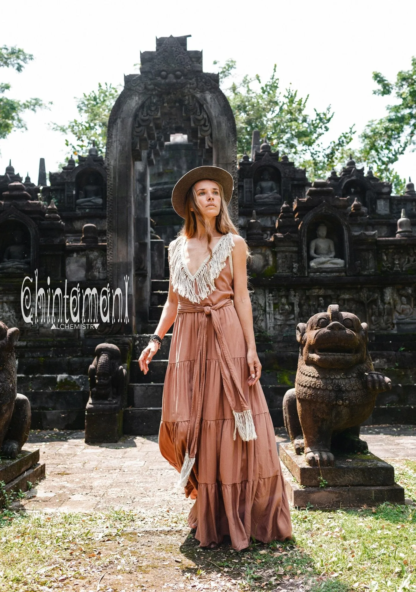Cotton Maxi Tiered Dress with Fringes / Dusty Pink