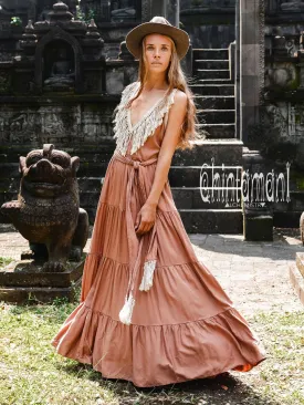 Cotton Maxi Tiered Dress with Fringes / Dusty Pink