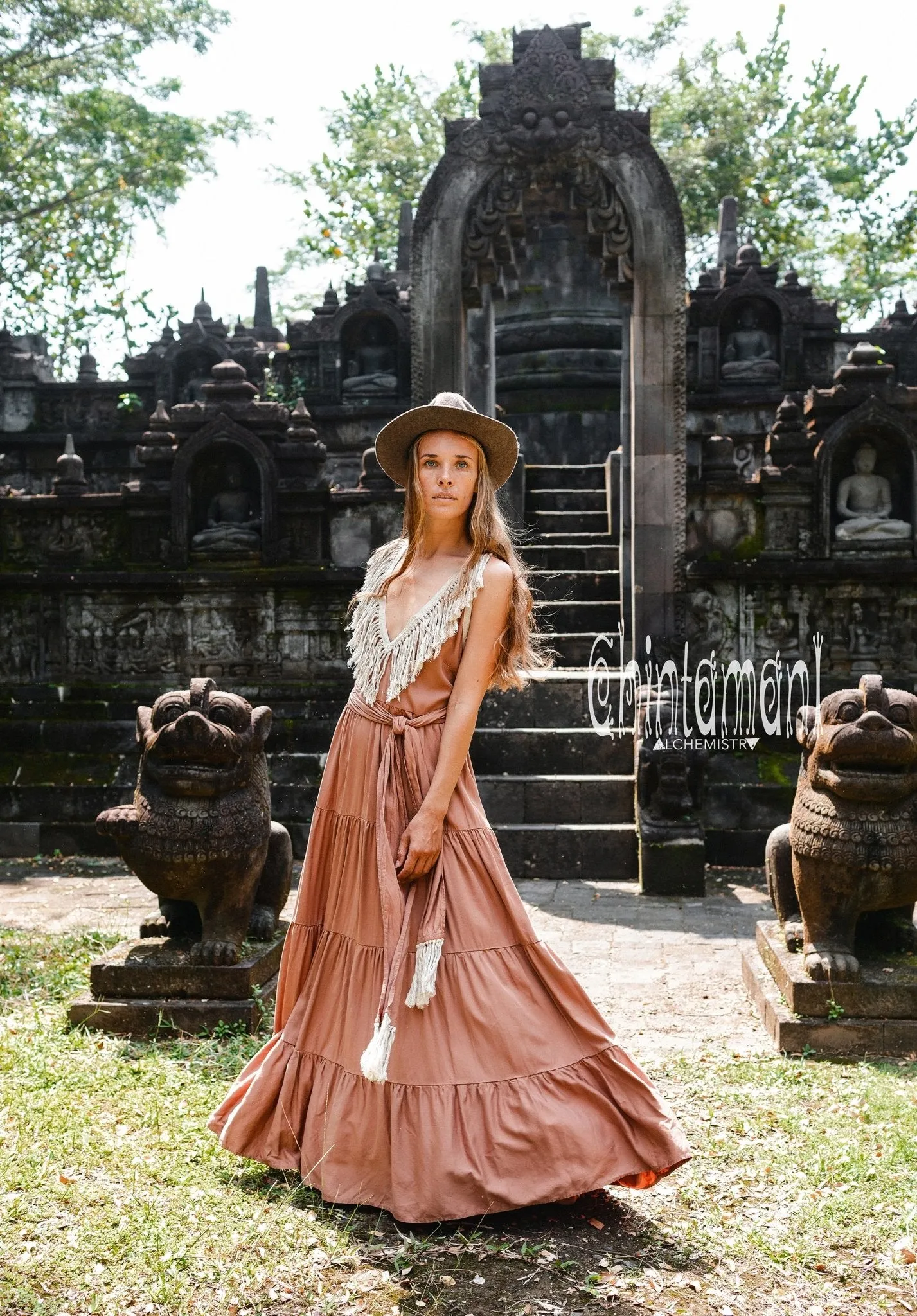 Cotton Maxi Tiered Dress with Fringes / Dusty Pink