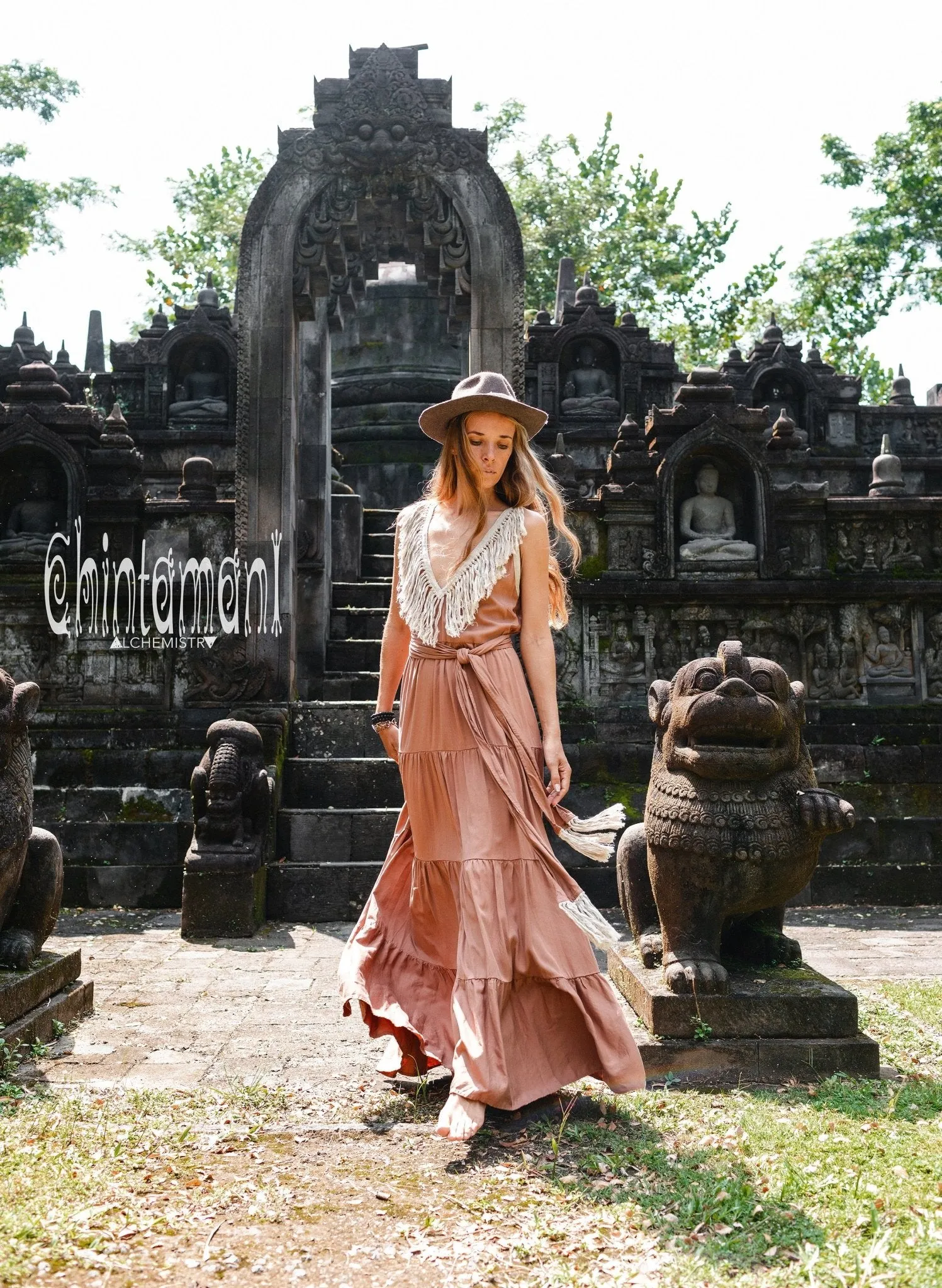Cotton Maxi Tiered Dress with Fringes / Dusty Pink