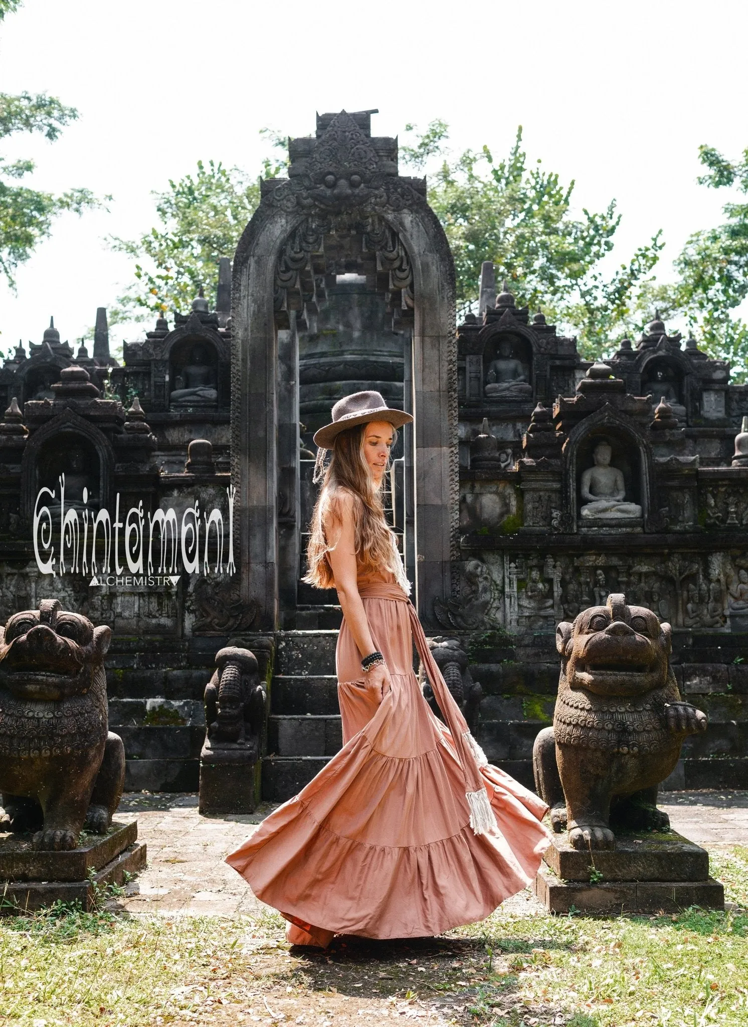 Cotton Maxi Tiered Dress with Fringes / Dusty Pink