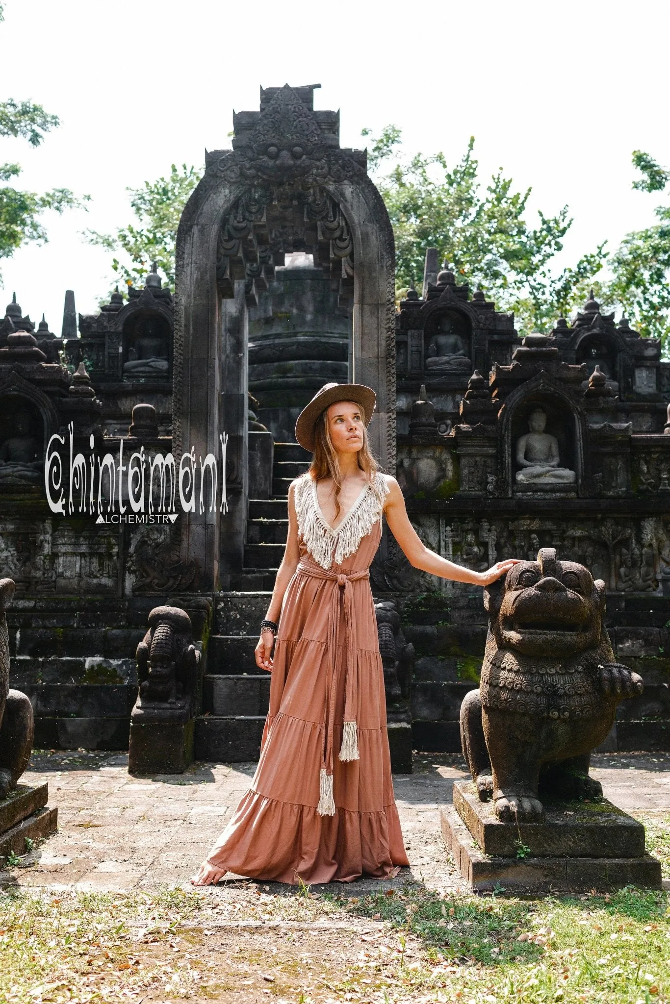 Cotton Maxi Tiered Dress with Fringes / Dusty Pink